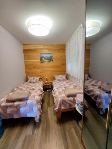 a room with three beds and a mirror at Vila MP Banstol 4*- Brdež do, Fruška gora in Inđija