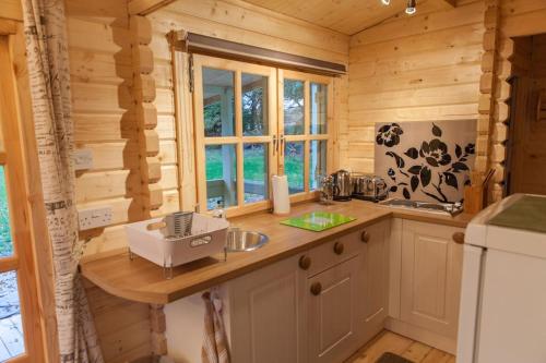uma cozinha com um balcão num chalé de madeira em Family friendly sunny Log Cabin em Wimborne Minster