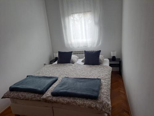 a bedroom with a bed with blue pillows on it at Apartment Rony in Zagreb
