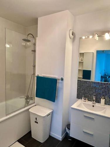 une salle de bain avec un lavabo, une douche et des toilettes dans l'établissement Appartement 10 mn de Paris et 5 mn du terminus Paris-Bauvais, à Saint-Denis