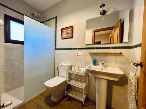 y baño con aseo y lavamanos. en LOS PINOS DE NAVALFRESNO, en Aracena
