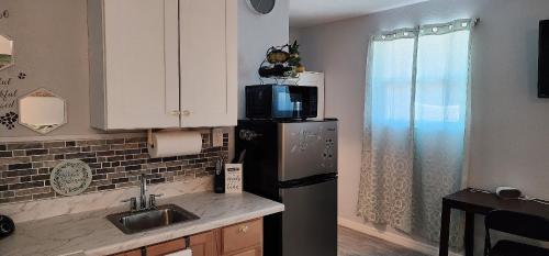 a kitchen with a refrigerator and a microwave at Sweet Studio in Sarasota in Sarasota