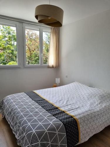 a bed in a bedroom with two windows at Superbe T3 cosy, parking gratuit + balcon in Riom