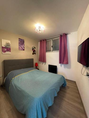 une chambre avec un lit et une télévision à écran plat dans l'établissement Appartement 2 chambres centre Tarascon-sur-Ariège, à Tarascon-sur-Ariège