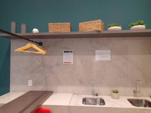 eine Küche mit zwei Waschbecken und einem Regal mit Pflanzen in der Unterkunft Apê 511 NEX ONE in São Paulo