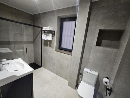 ein Bad mit einem WC, einem Waschbecken und einer Dusche in der Unterkunft Apartamentos Elegancia in Agost