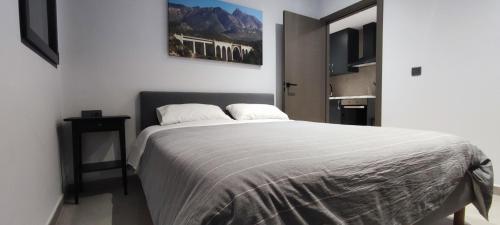 1 dormitorio con 1 cama y una foto en la pared en Apartamentos Elegancia en Agost