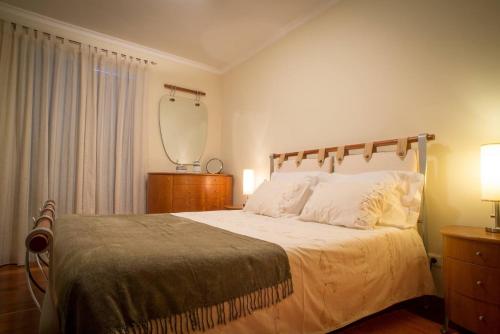 Schlafzimmer mit einem Bett und einem Spiegel an der Wand in der Unterkunft 2 bedrooms appartement with wifi at Camara De Lobos 4 km away from the beach in Funchal