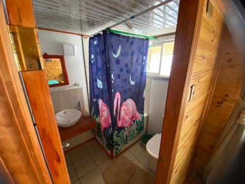 a bathroom with two toilets and a shower curtain at Hospedaje Alto Palena de Puerto Cisnes in Puerto Cisnes