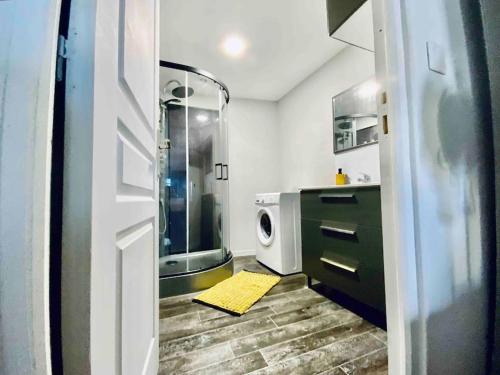 uma casa de banho com um chuveiro, um lavatório e uma banheira em Appartement sous les toits em Narbona
