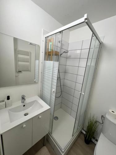 een witte badkamer met een douche en een wastafel bij Charmant Cocon en duplex avec jardin in Noisy-le-Sec