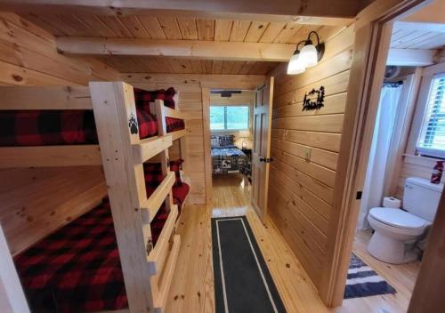a tiny house with a bunk bed and a toilet at Picturesque Family Cabin with Loft in Tennessee in Sevierville