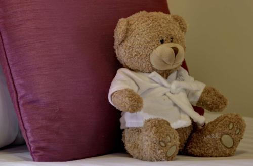 a teddy bear sitting next to a purple pillow at Best Western Plus Ullesthorpe Court Hotel & Golf Club in Lutterworth