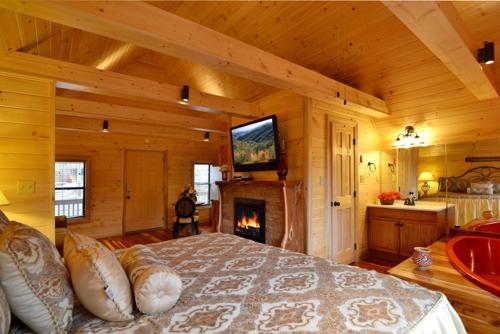 1 dormitorio con 1 cama con chimenea y TV en Mountain Love Nest, en Gatlinburg
