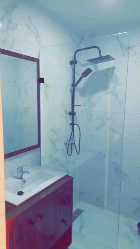 uma casa de banho com um chuveiro, um lavatório e um espelho. em اقامة سوسن em Agadir