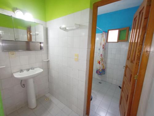 y baño con lavabo y ducha. en Hostal Benjamin en Cafayate