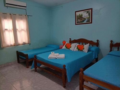 2 camas en una habitación con paredes azules en Hostal Benjamin en Cafayate