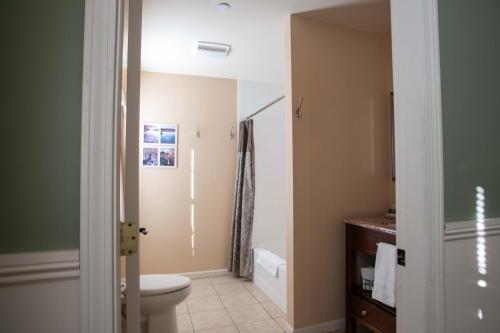 a bathroom with a toilet and a bath tub at Swift River Suites in Rumford