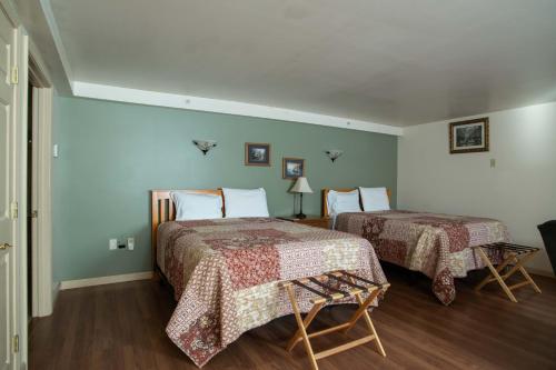 two beds in a room with green walls at Swift River Suites in Rumford