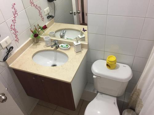 uma casa de banho com um lavatório, um WC e um espelho. em Vivir en Santiago em Santiago
