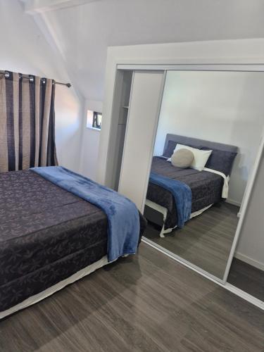 a bedroom with two beds and a mirror at Mini Mansion in Auckland