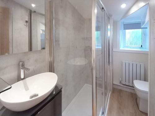 uma casa de banho com um lavatório e uma cabina de duche em vidro. em Sunnybank Cottage em Inveralligin