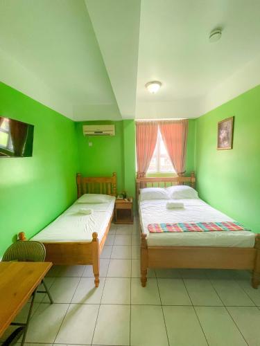 two beds in a room with green walls at La Flamboyant Hotel in Roseau