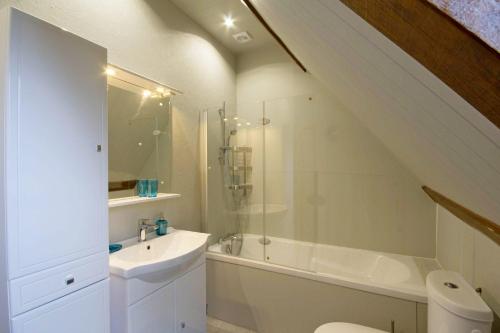 een badkamer met een wastafel, een douche en een toilet bij La grange du manoir de kermain in Langonnet