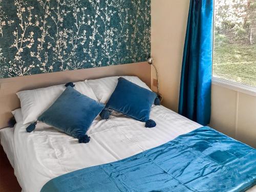 a bed with two blue pillows and a window at Kingfisher - Uk41950 in Louth