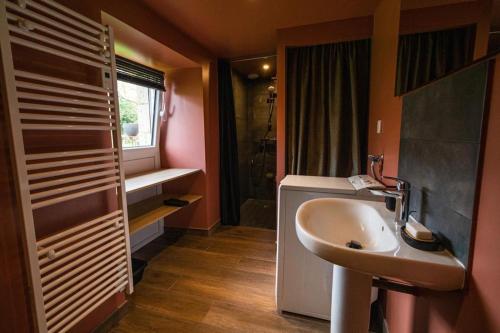 La petite salle de bains est pourvue d'un lavabo et d'une douche. dans l'établissement Le petit pen poulo, à Neulliac