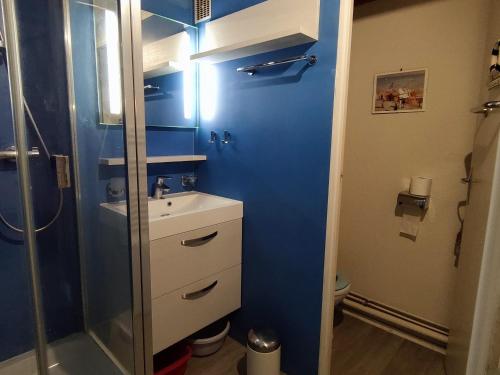 uma casa de banho azul com um lavatório e um chuveiro em Maison Dolus-d'Oléron, 3 pièces, 4 personnes - FR-1-778-2 em Dolus