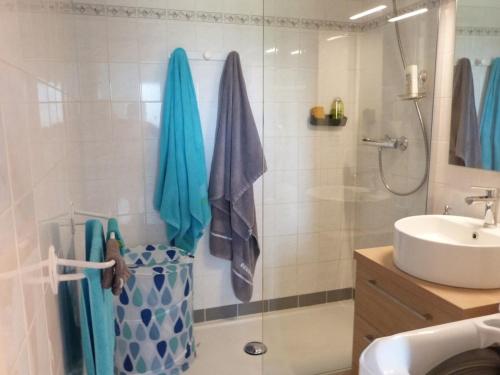 y baño con ducha y lavamanos. en Maison La Tranche-sur-Mer, 3 pièces, 4 personnes - FR-1-194-279, en La Tranche-sur-Mer