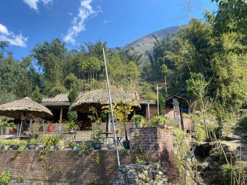 a house with thatched roofs and a mountain in the background at Sue Pa Family Trekking Homestay in Sa Pả