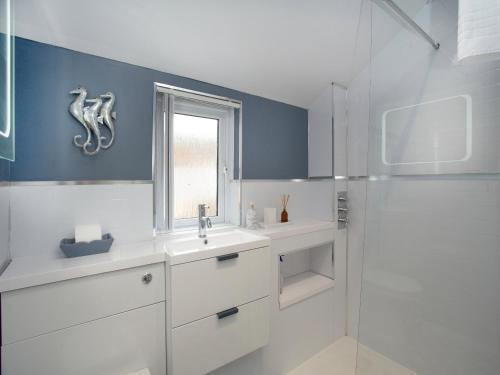 La salle de bains est pourvue d'un lavabo et d'une douche. dans l'établissement Hill View, à Sidmouth
