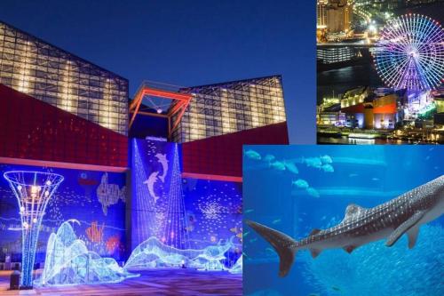 a collage of photos of a hotel with a shark in the water at NEW【駅から2分】USJ空庭難波梅田まで10分!まるごと一軒家貸し切り!大人数宿泊可能!駐車場有 in Osaka