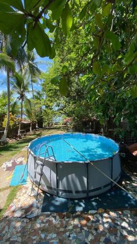 einen großen Whirlpool im Schatten eines Baumes in der Unterkunft Hospedaje el viejo y el mar in El Pájaro