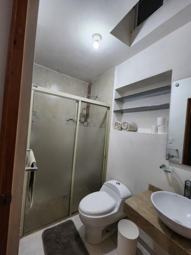 y baño con ducha, aseo y lavamanos. en Casa Descanso de Mamá, en San Luis Potosí