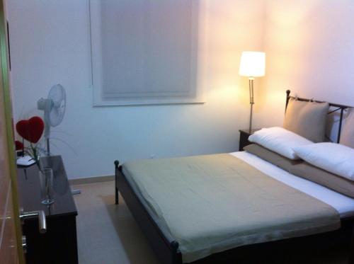 1 dormitorio con 1 cama con lámpara y ventilador en Genista Apartment, en Kalkara