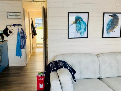 a couch in a living room with a blue bird on the wall at Hausboot Snowbird Lübeck mit großem Sonnendeck in Lübeck