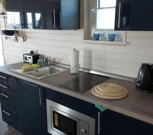 a kitchen with a counter with a sink and a microwave at Knobis DREAM PLACE in Fehmarnsund
