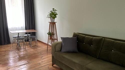 uma sala de estar com um sofá e uma mesa com uma planta em Green bunny guesthouse em Martvili
