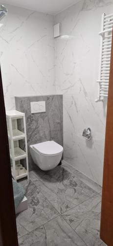 La salle de bains est pourvue de toilettes et d'un mur en marbre. dans l'établissement Willa Samana Pokoje, à Dziwnówek