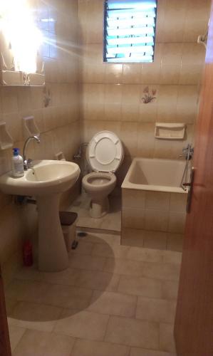 a bathroom with a toilet and a sink and a tub at Virginia's Rooms in Plataria