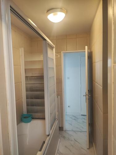 a bathroom with a walk in shower and a glass door at Appartement quimper in Quimper