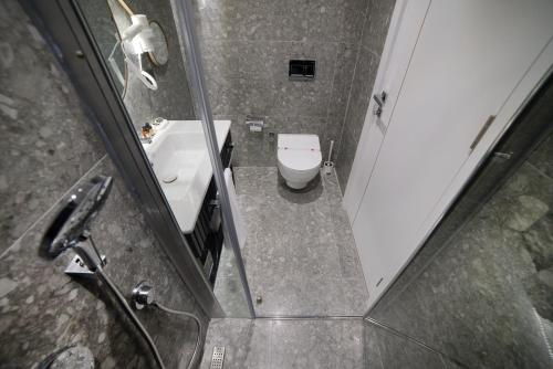 a small bathroom with a toilet and a sink at Stile Suite Marine Hotel in Antalya