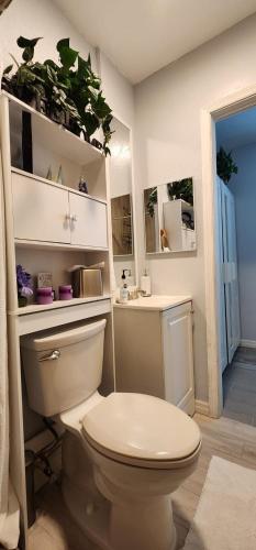 a bathroom with a toilet and a shelf with plants at Sweet Studio in Sarasota in Sarasota
