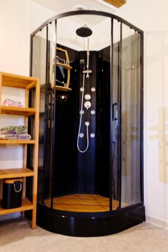 une guitare dans une caisse en verre dans une pièce dans l'établissement Gîte de France La bonne 