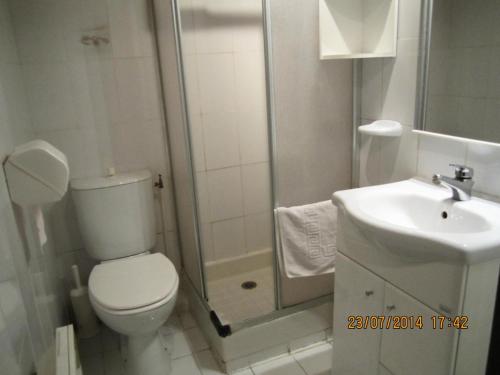 La salle de bains est pourvue de toilettes, d'une douche et d'un lavabo. dans l'établissement Appartement 4 pers. avec balcon vue montagne 70839, à Saint-Sorlin-dʼArves