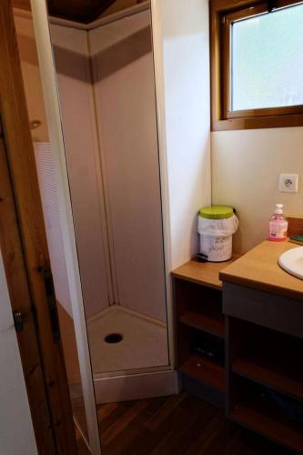 une salle de bain avec douche et lavabo dans l'établissement Gîte de France Chalet - Gîte de France 4 personnes MAE-6494, à Soursac