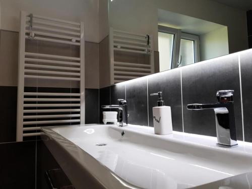 ein Badezimmer mit einem weißen Waschbecken und einem Spiegel in der Unterkunft Gîte de France Au bord de l'eau 3 épis - Gîte de France 6 personnes 674 in Aubazines